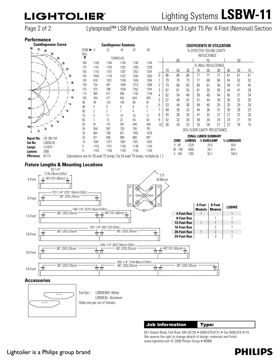 Lightolier LSBW-11 manual Performance, Fixture Lengths & Mounting Locations, Accessories 