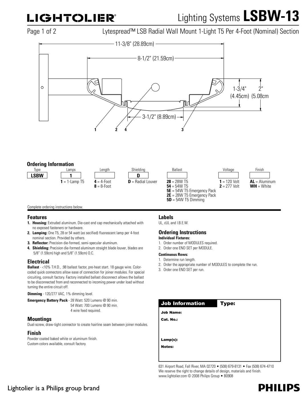 Lightolier LSBW-13 manual Ordering Information, Features, Electrical, Mountings, Finish, Labels, Ordering Instructions 