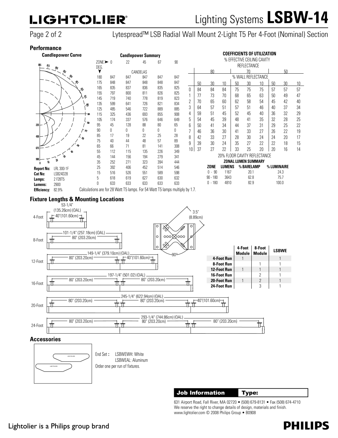 Lightolier LSBW-14 manual Performance, Fixture Lengths & Mounting Locations, Accessories 