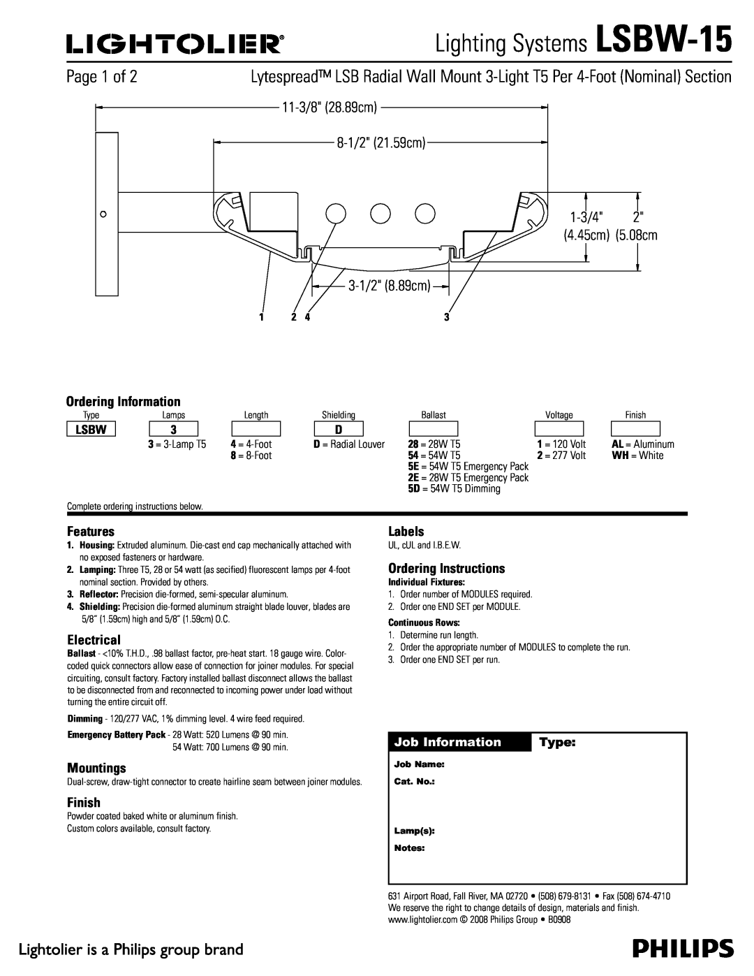 Lightolier LSBW-15 manual Ordering Information, Features, Electrical, Mountings, Finish, Labels, Ordering Instructions 