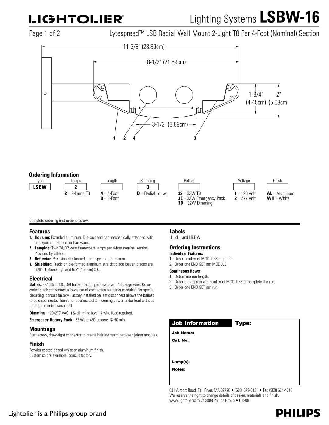 Lightolier LSBW-16 manual Ordering Information, Features, Electrical, Mountings, Finish, Labels, Ordering Instructions 