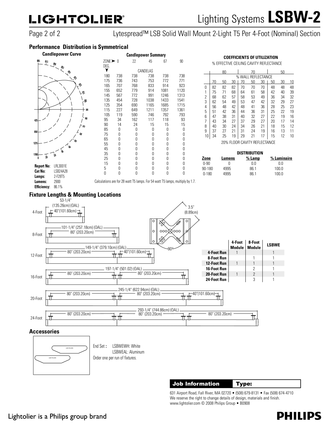 Lightolier LSBW-2 1BHFPG, Performance Distribution is Symmetrical, Fixture Lengths & Mounting Locations, Accessories 