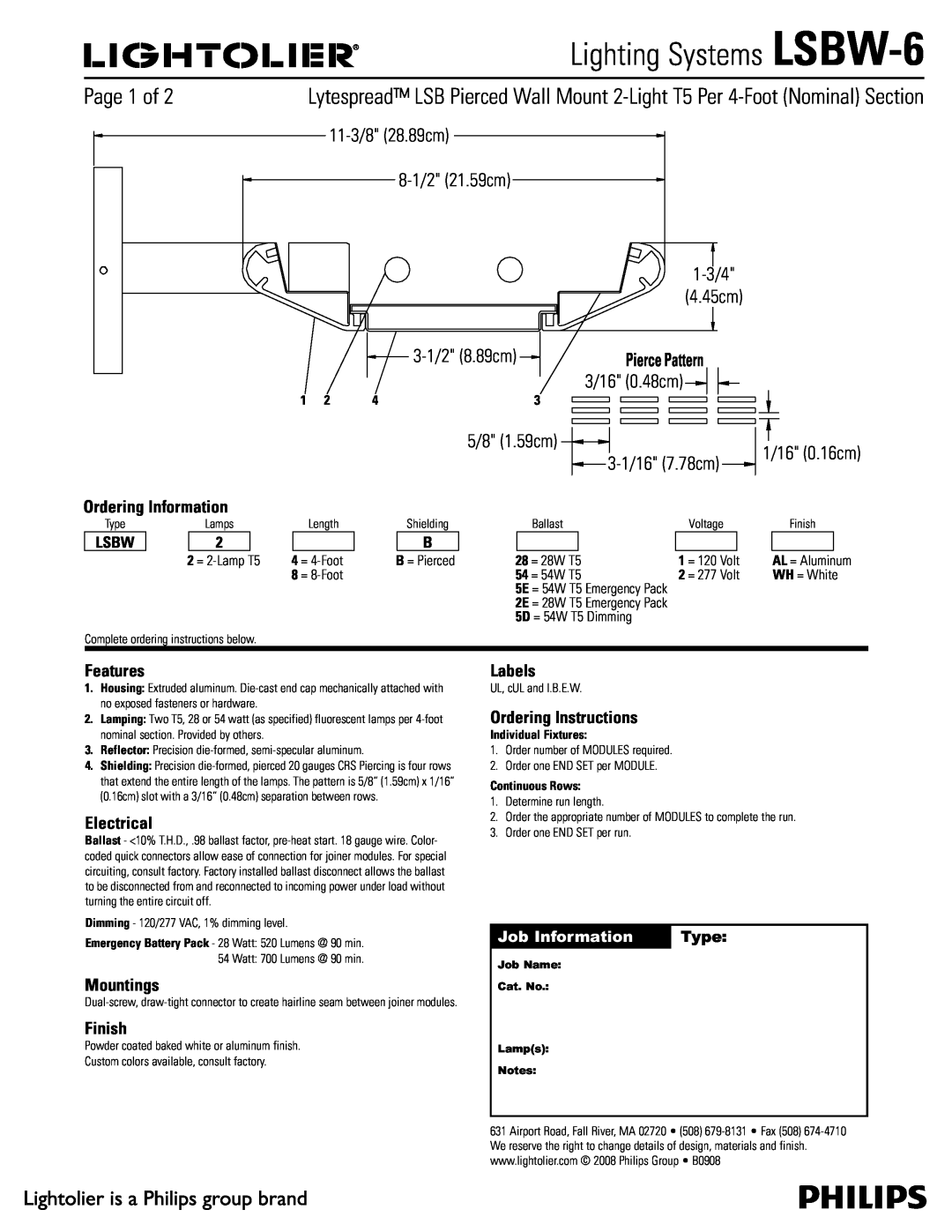 Lightolier manual Lighting Systems LSBW-6, 1BHFPG, Features, Electrical, Mountings, Finish, Labels, Type, 1-3/4 