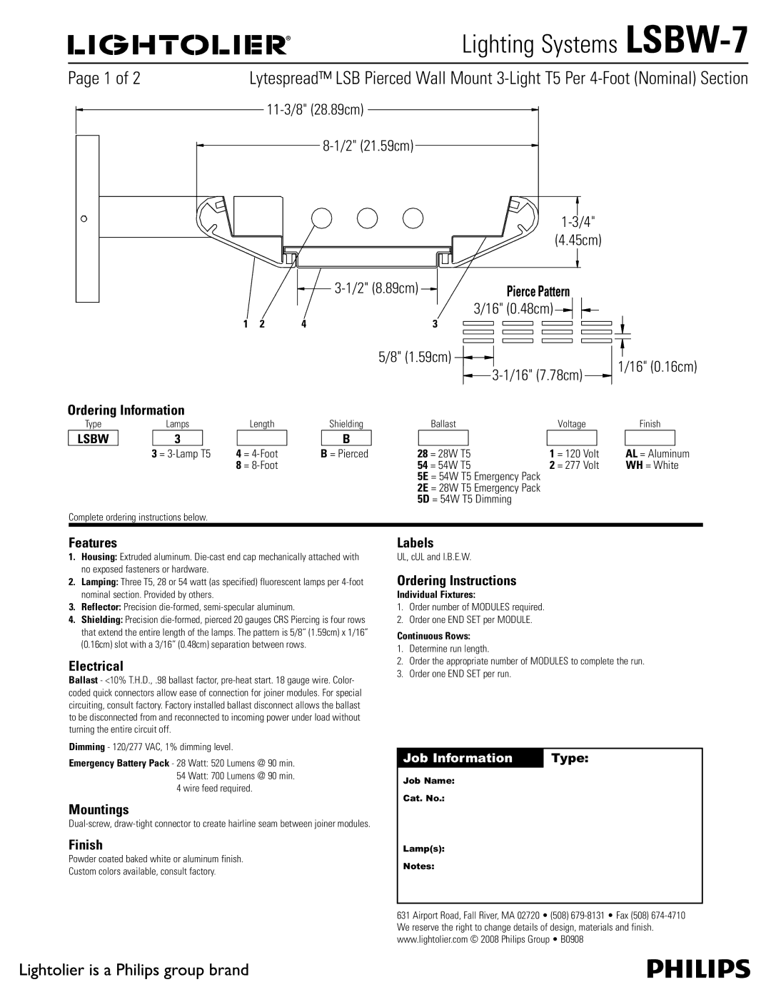 Lightolier LSBW-7 manual Features, Electrical, Mountings, Finish, Labels, Ordering Instructions 