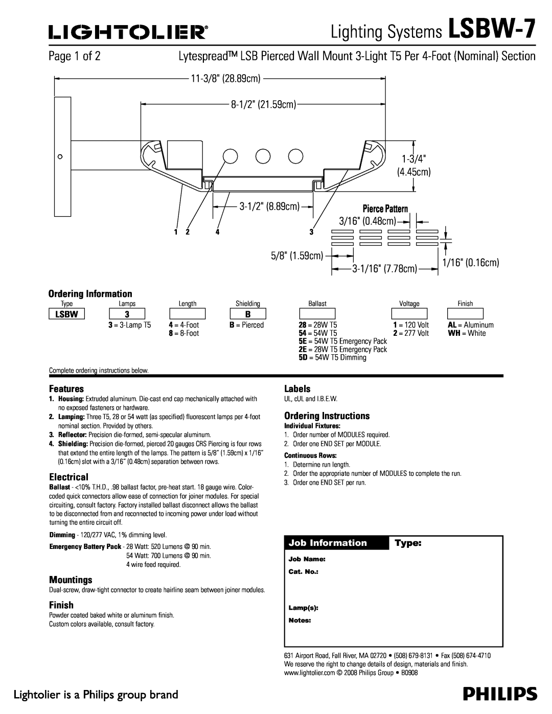 Lightolier LSBW-7 manual Features, Electrical, Mountings, Finish, Labels, Ordering Instructions, Job Information, Type 