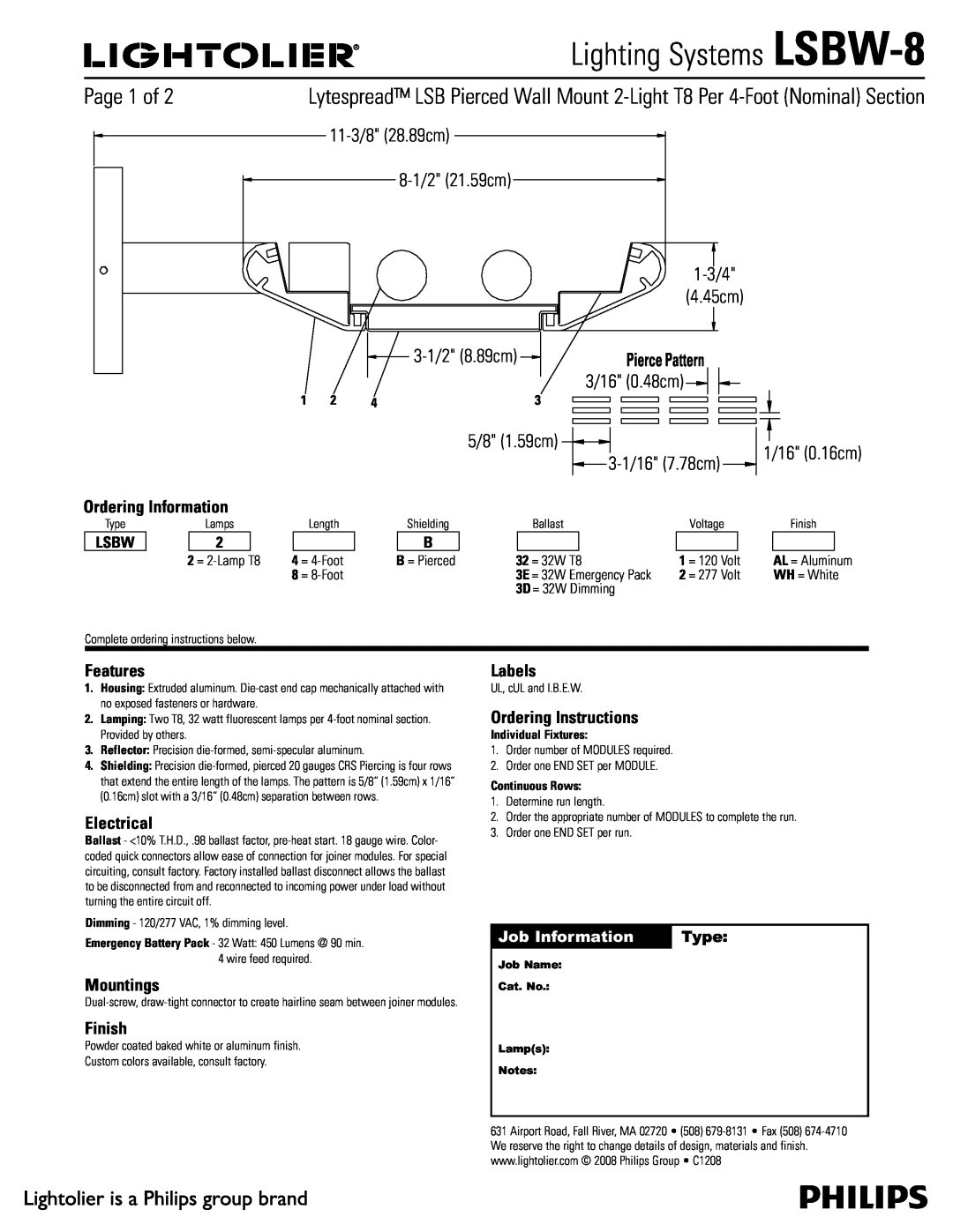 Lightolier LSBW-8 manual 1BHFPG, Features, Electrical, Mountings, Finish, Labels, Ordering Instructions, Lsbw, Type 