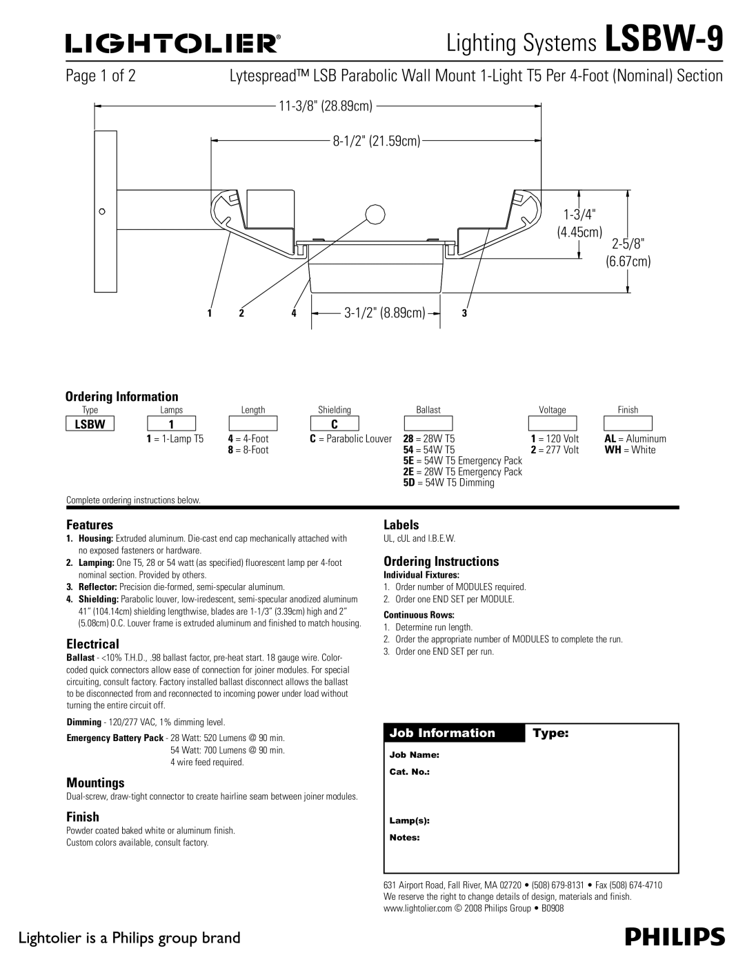 Lightolier LSBW-9 manual Ordering Information, Features, Electrical, Mountings, Finish, Labels, Ordering Instructions 