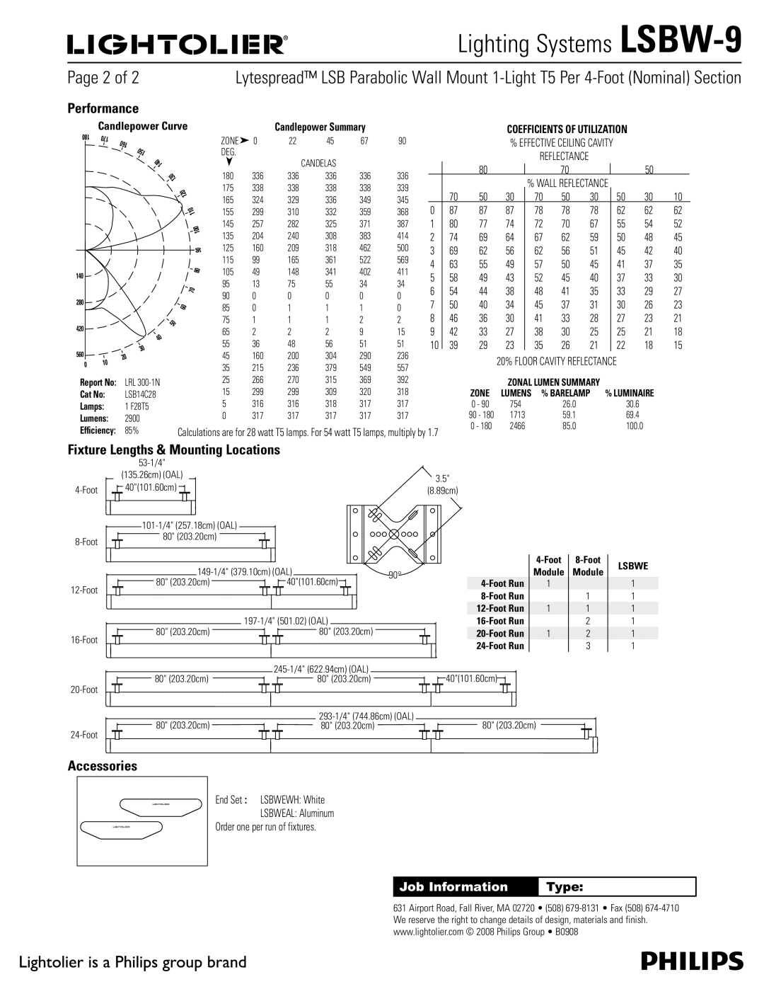 Lightolier LSBW-9 manual Performance, Fixture Lengths & Mounting Locations, Accessories 