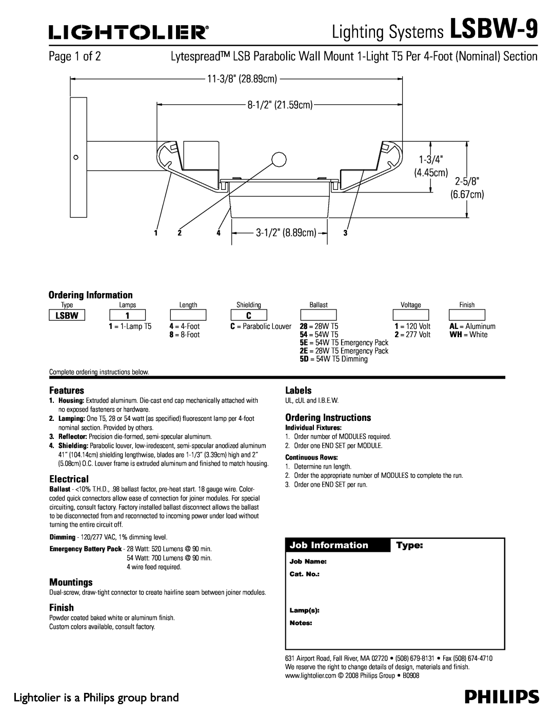 Lightolier manual Lighting Systems LSBW-9, Ordering Information, Features, Electrical, Mountings, Finish, Labels, Type 