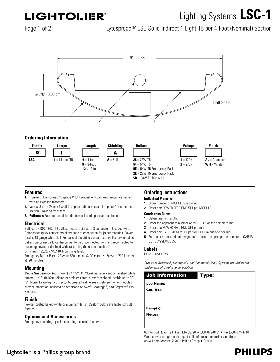 Lightolier LSC-1 manual Ordering Information, Features, Electrical, Mounting, Finish, Options and Accessories, Labels 