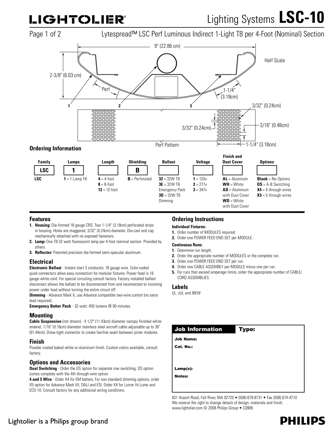 Lightolier LSC-10 manual Ordering Information, Features, Electrical, Mounting, Finish, Options and Accessories, Labels 