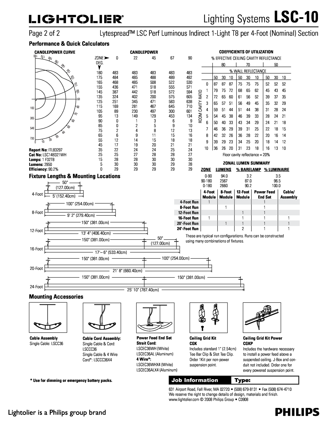 Lightolier manual 1BHFPG, Performance & Quick Calculators, Mounting Accessories, Type, Lighting Systems LSC-10 