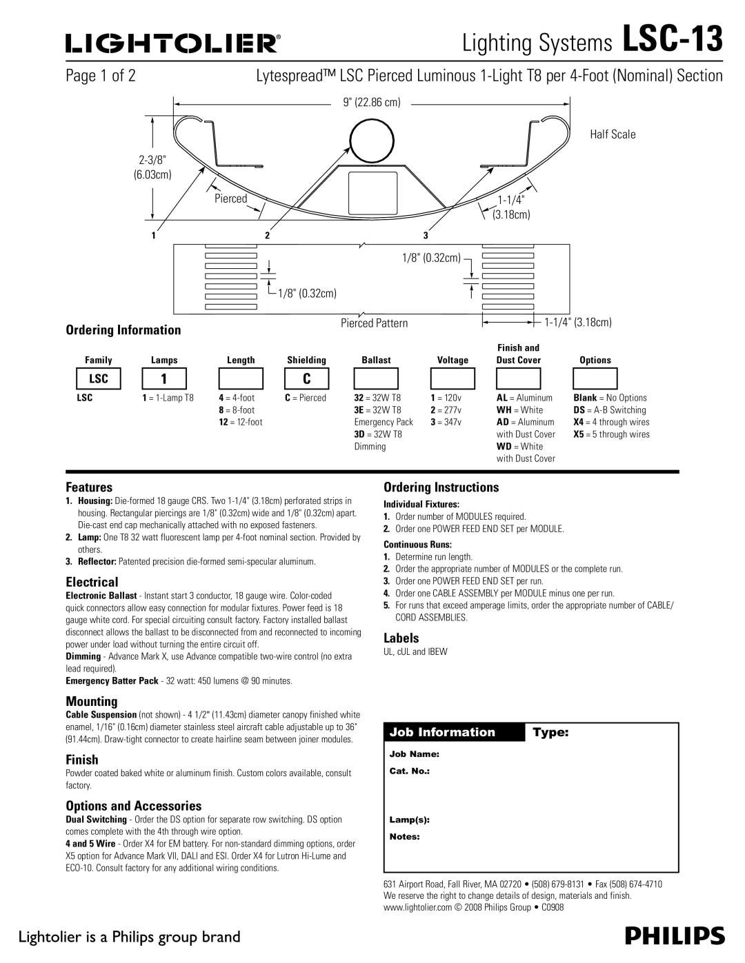 Lightolier LSC-13 manual Ordering Information, Features, Electrical, Mounting, Finish, Options and Accessories, Labels 