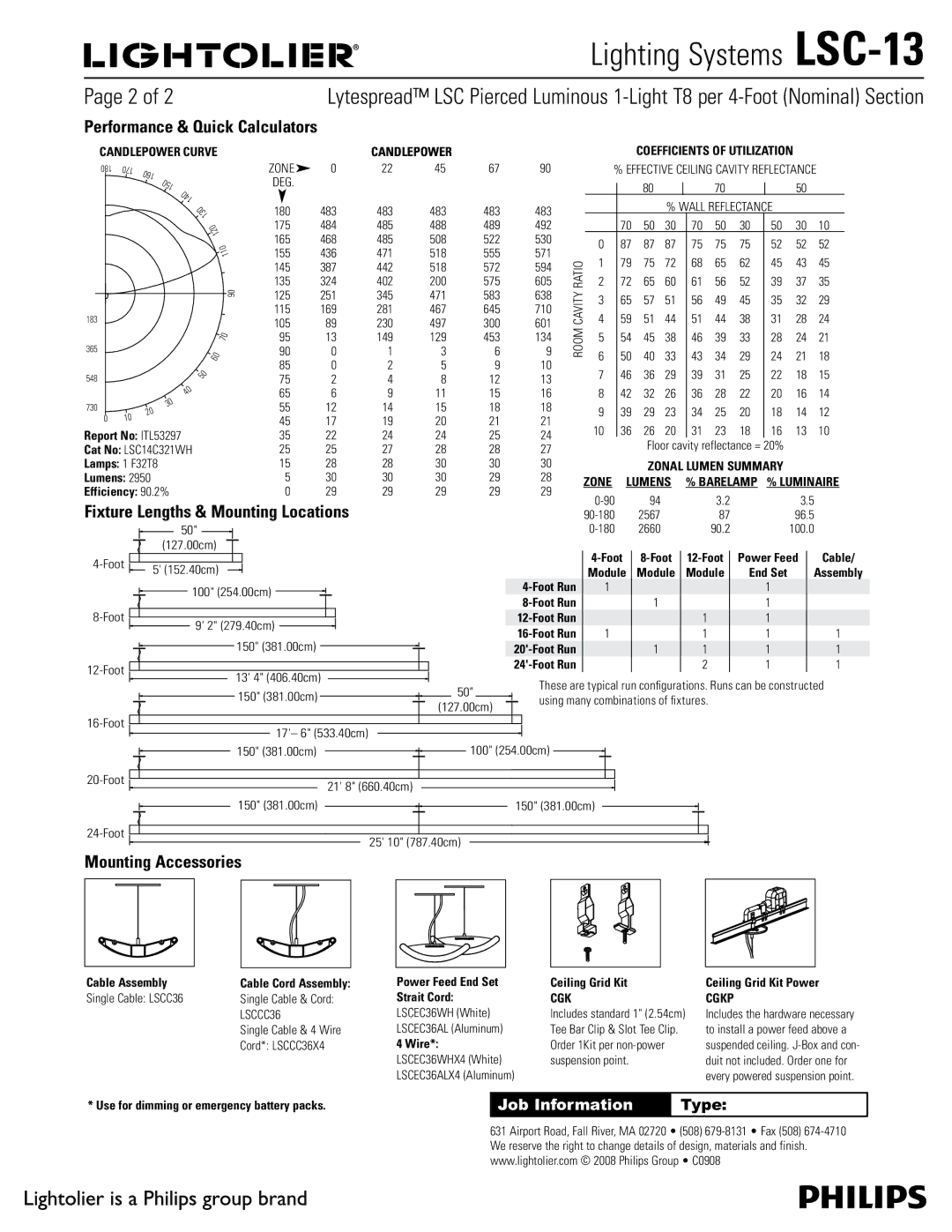 Lightolier LSC-13 manual Fixture Lengths & Mounting Locations, Mounting Accessories 