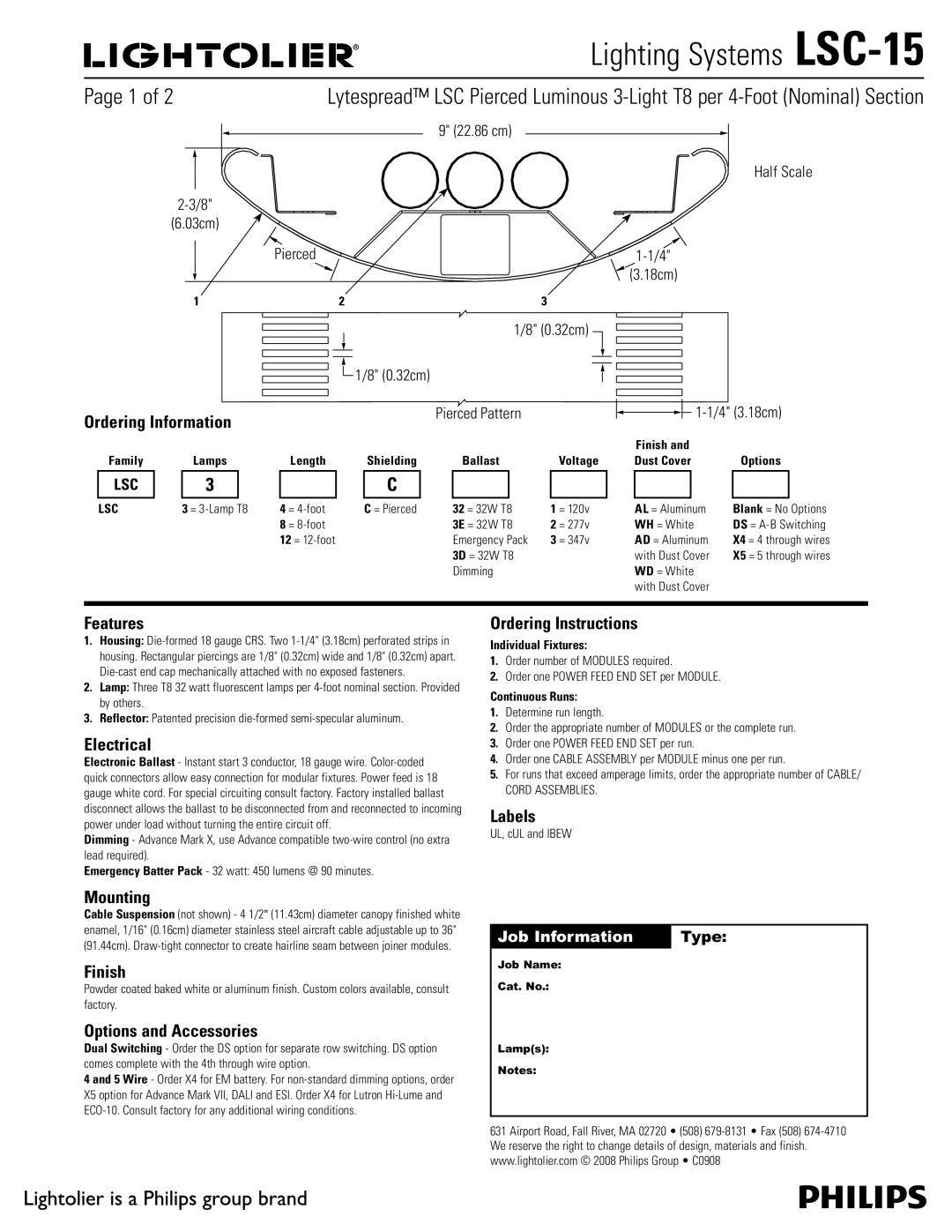 Lightolier LSC-15 manual Ordering Information, Features, Electrical, Mounting, Finish, Options and Accessories, Labels 