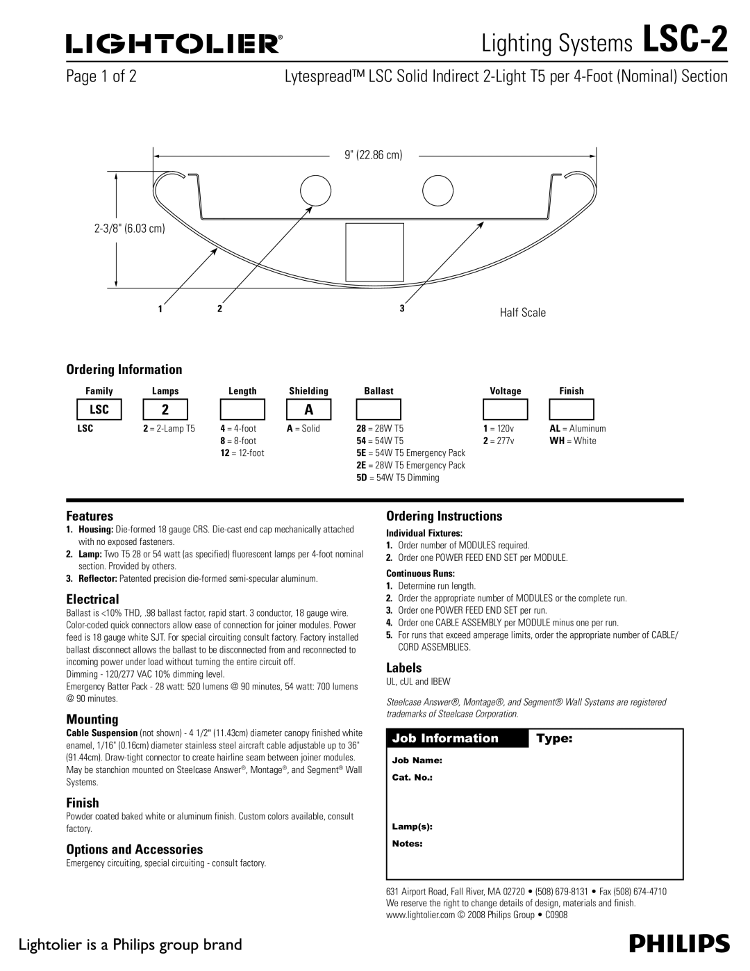 Lightolier LSC-2 manual Ordering Information, Features, Electrical, Mounting, Finish, Options and Accessories, Labels 