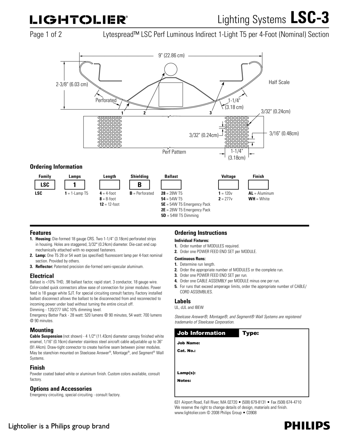 Lightolier LSC-3 manual Ordering Information, Features, Electrical, Ordering Instructions, Labels, Mounting, Finish 