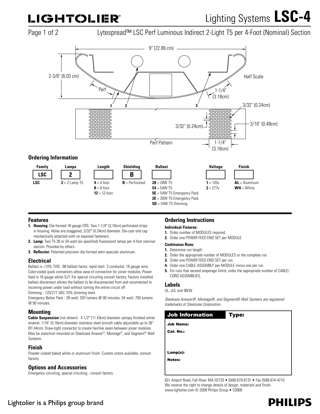 Lightolier LSC-4 manual Ordering Information, Features, Electrical, Ordering Instructions, Labels, Mounting, Finish 