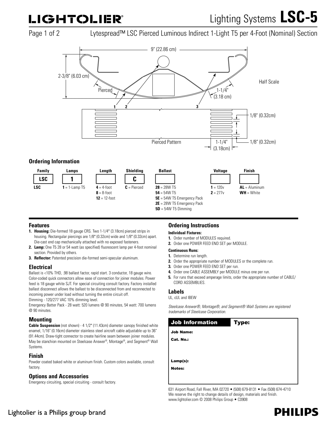 Lightolier LSC-5 manual Ordering Information, Features, Electrical, Ordering Instructions, Labels, Mounting, Finish 