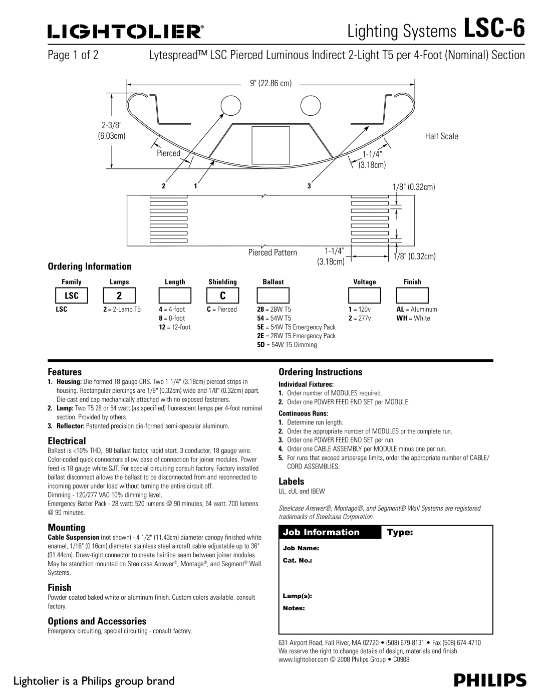 Lightolier LSC-6 manual Ordering Information, Features, Electrical, Ordering Instructions, Labels, Mounting, Finish 