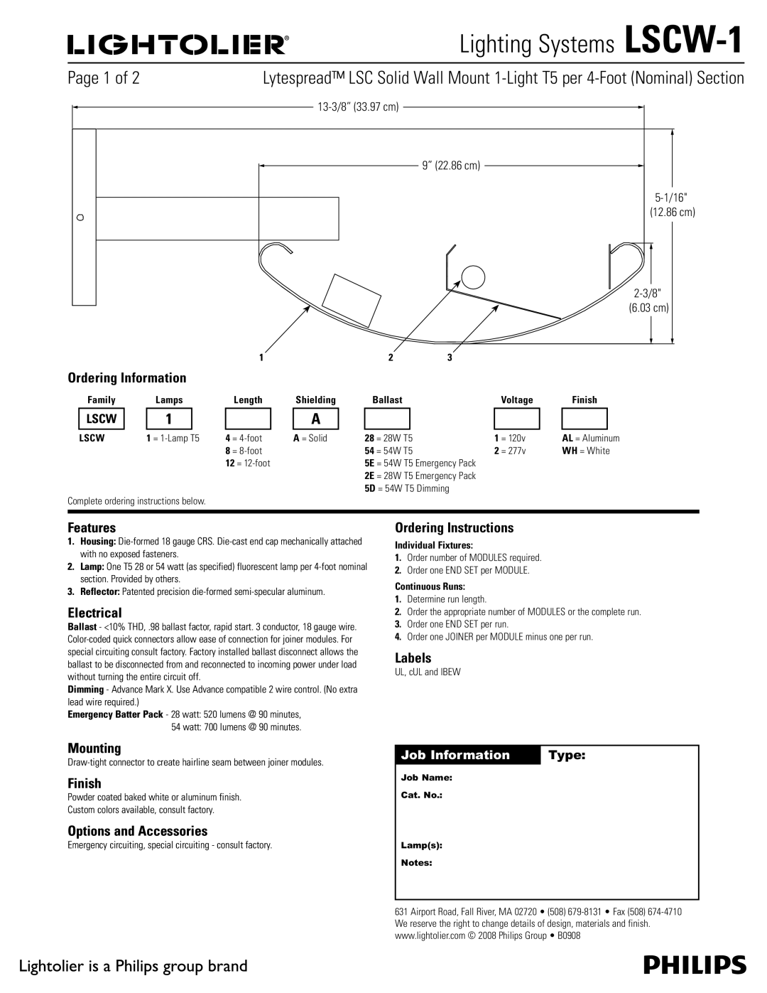 Lightolier LSCW-1 manual Ordering Information, Features, Electrical, Mounting, Finish, Options and Accessories, Labels 