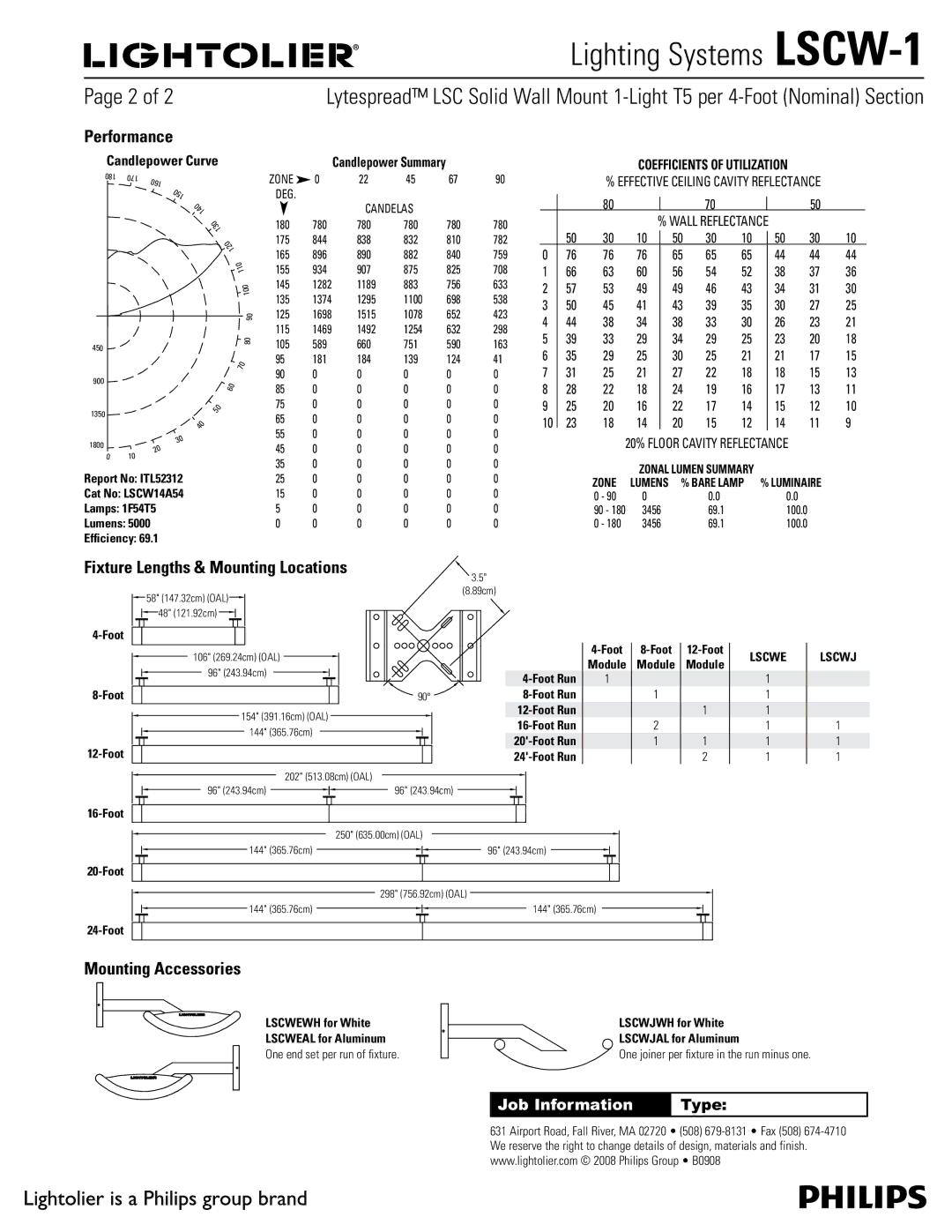 Lightolier LSCW-1 manual Performance, Fixture Lengths & Mounting Locations, Mounting Accessories 