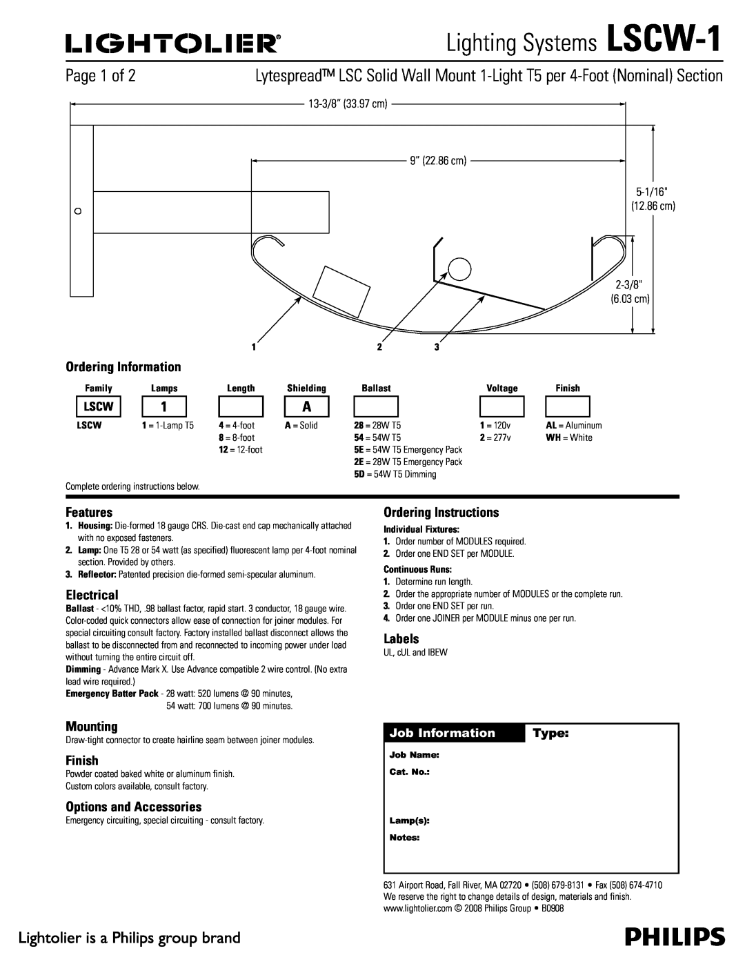 Lightolier LSCW-1 manual Ordering Information, Features, Electrical, Mounting, Finish, Options and Accessories, Labels 