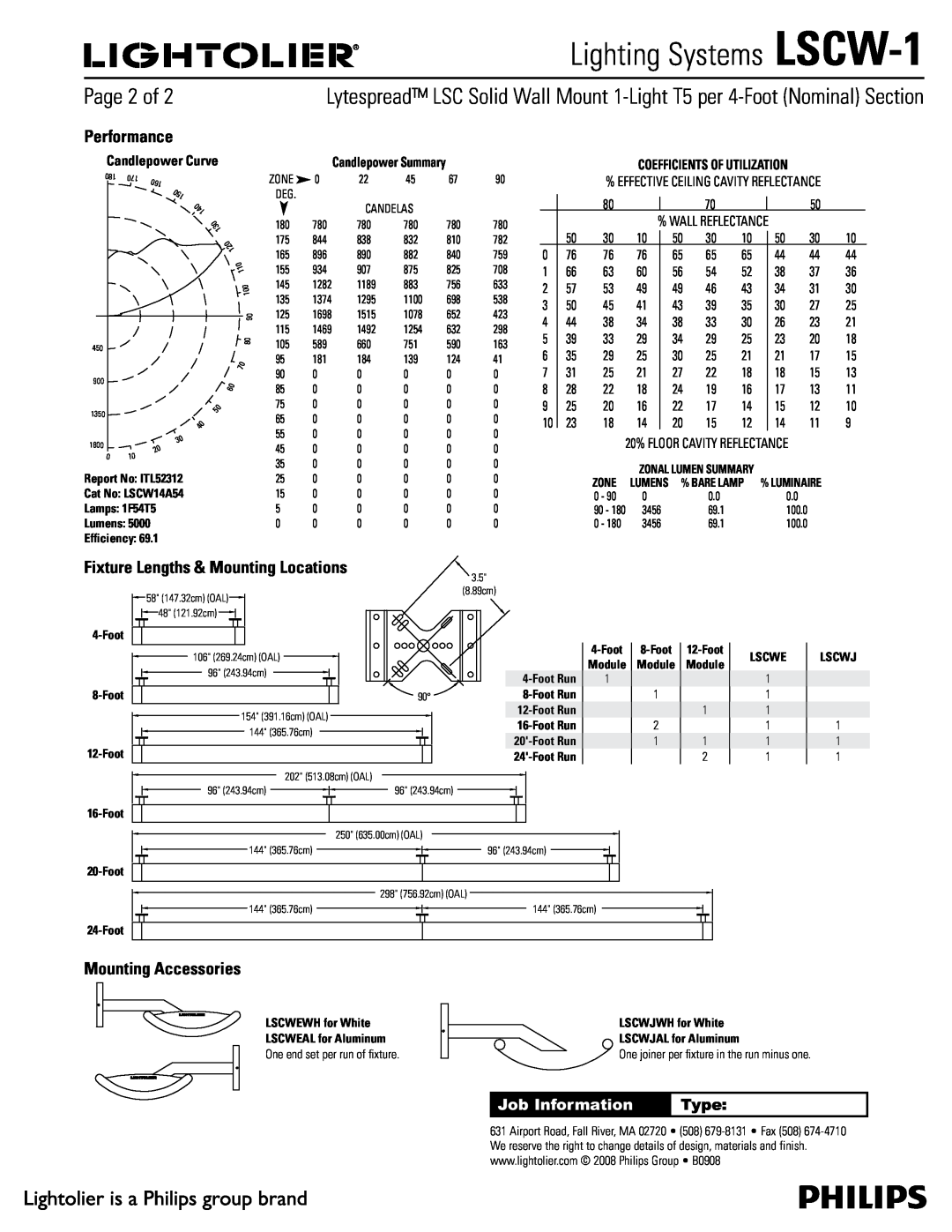 Lightolier manual Performance, Fixture Lengths & Mounting Locations, Mounting Accessories, Lighting Systems LSCW-1, Type 