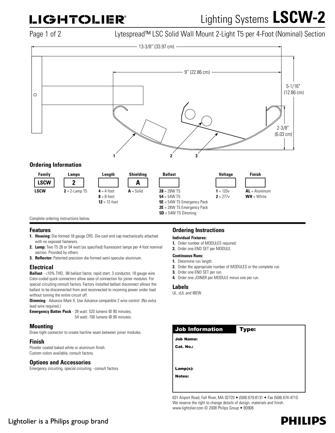 Lightolier LSCW-2 manual Ordering Information, Features, Electrical, Mounting, Finish, Options and Accessories, Labels 