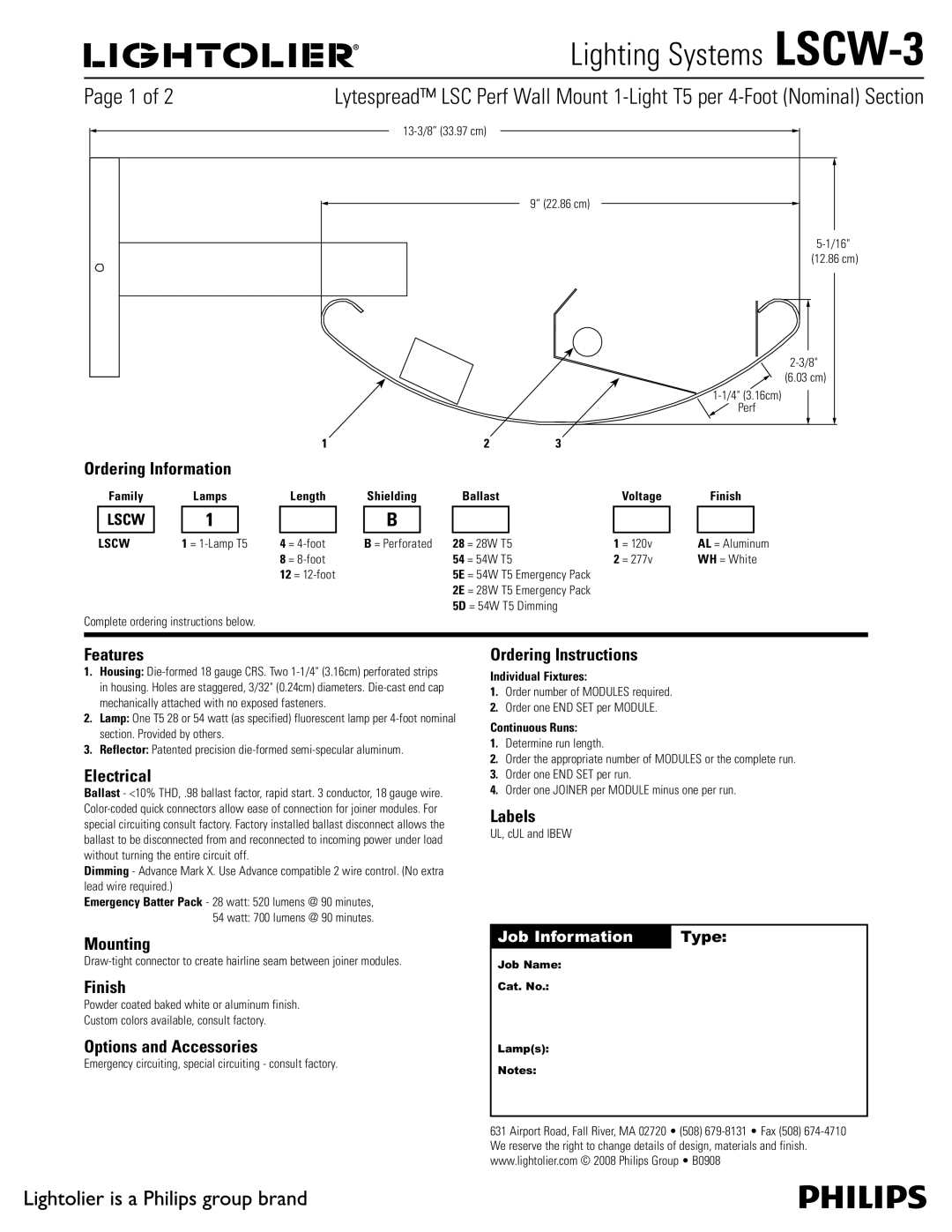 Lightolier LSCW-3 manual Ordering Information, Features, Electrical, Mounting, Finish, Options and Accessories, Labels 