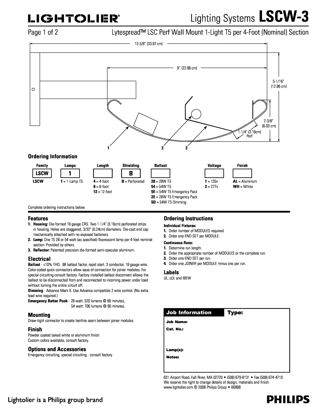 Lightolier LSCW-3 manual Ordering Information, Features, Electrical, Mounting, Finish, Options and Accessories, Labels 