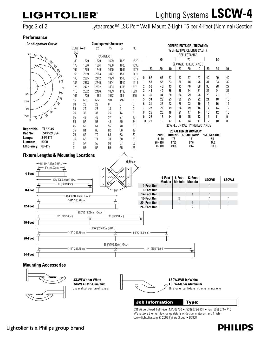 Lightolier LSCW-4 manual Performance, Fixture Lengths & Mounting Locations, Mounting Accessories 