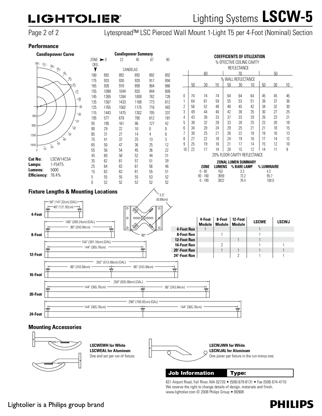 Lightolier LSCW-5 manual Performance, Fixture Lengths & Mounting Locations, Mounting Accessories 