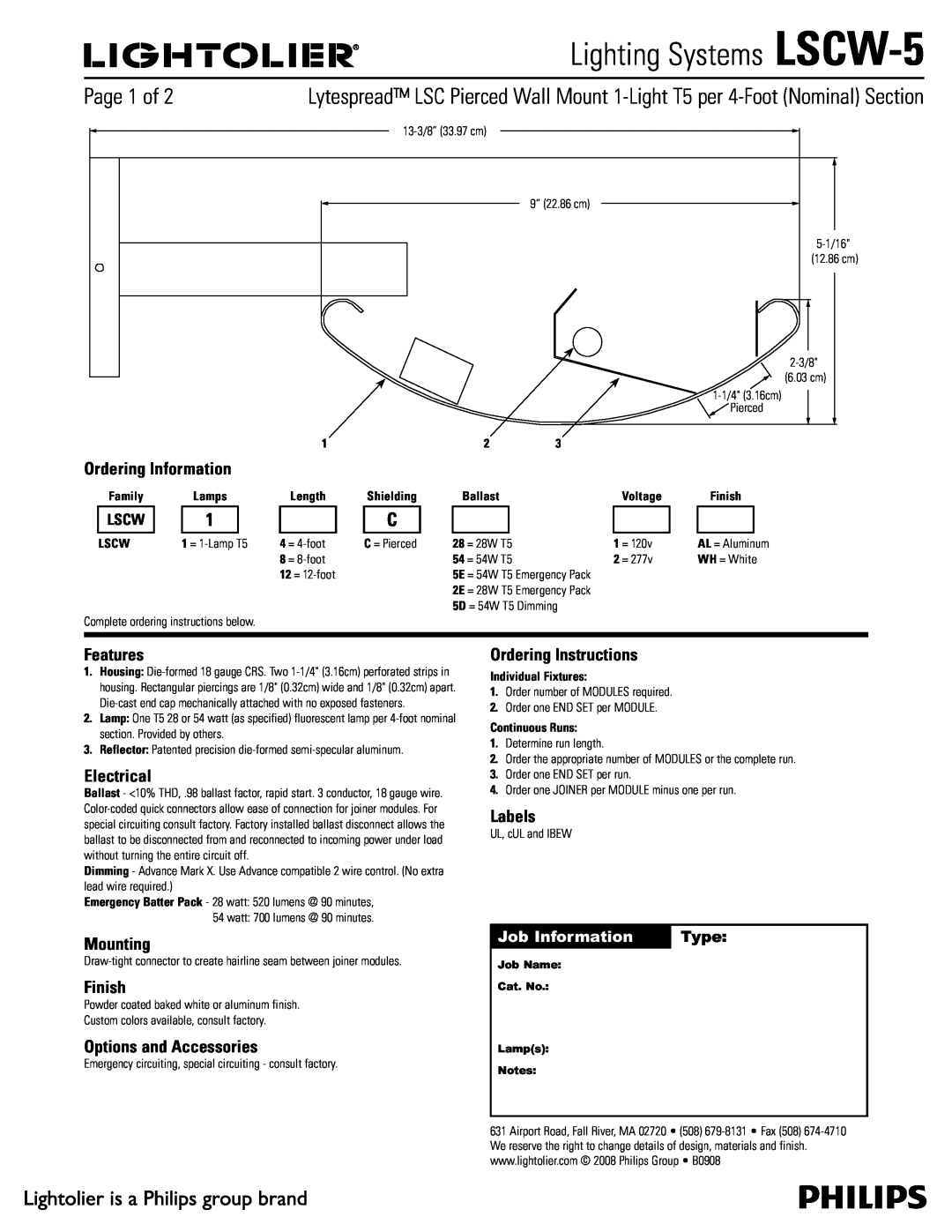 Lightolier LSCW-5 manual Ordering Information, Features, Electrical, Mounting, Finish, Options and Accessories, Labels 