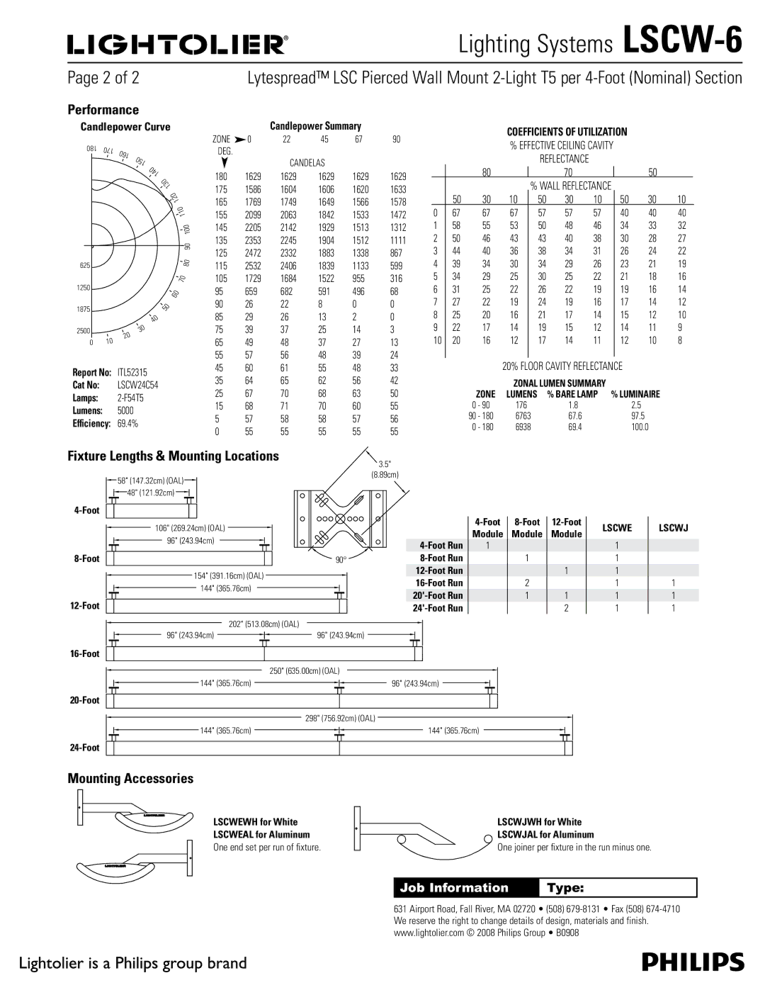 Lightolier LSCW-6 manual Performance, Fixture Lengths & Mounting Locations, Mounting Accessories 