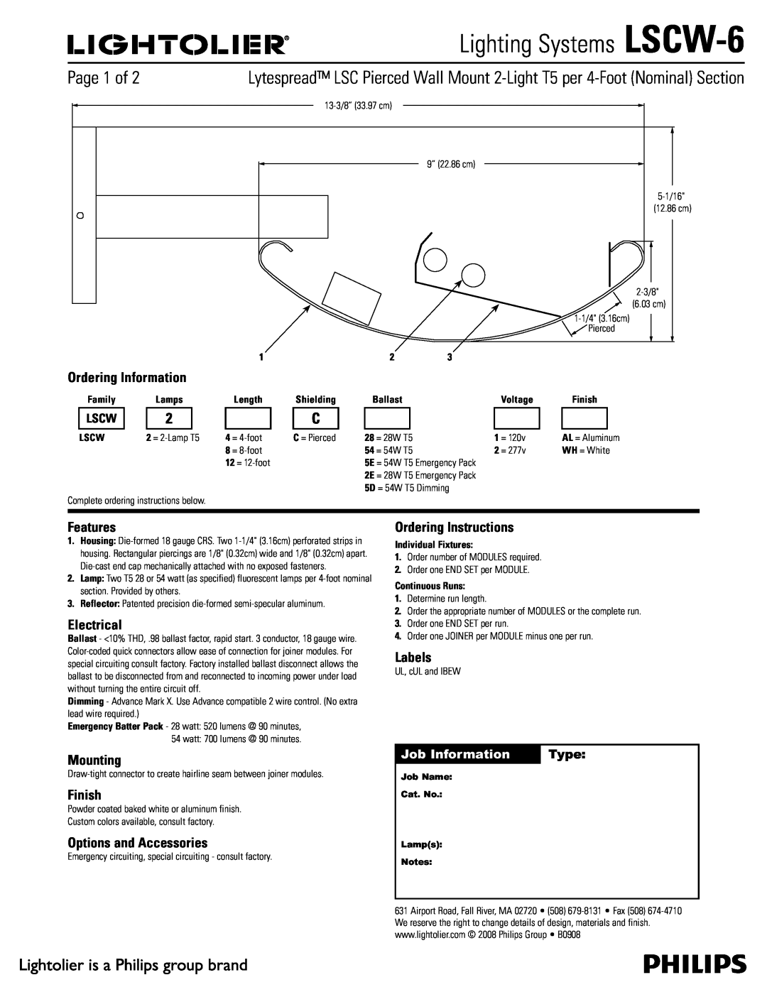 Lightolier LSCW-6 manual Ordering Information, Features, Electrical, Mounting, Finish, Options and Accessories, Labels 