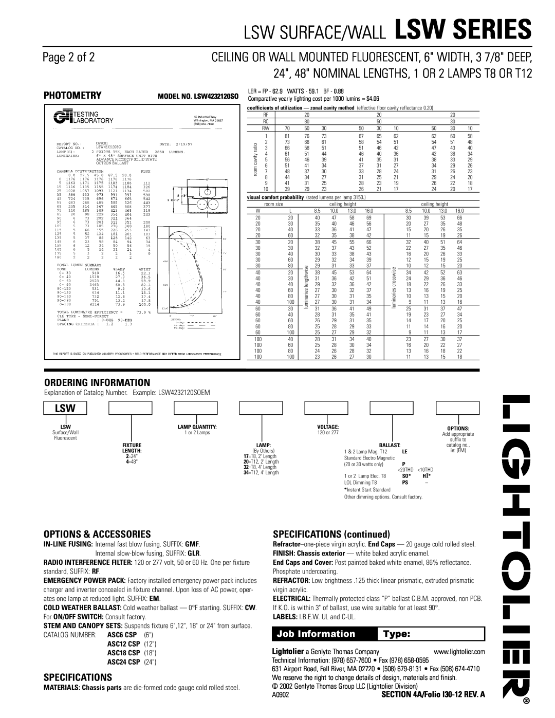 Lightolier LSW4232120SO Page 2 of, Photometry, Ordering Information, Options & Accessories, Specifications, 7/8 DEEP, Type 