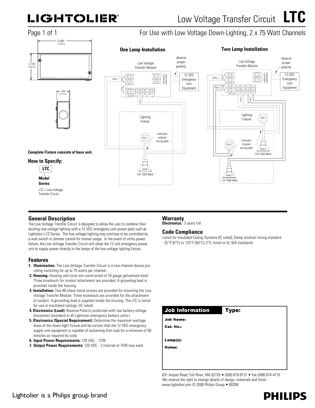 Lightolier LTC warranty General Description, Warranty, Code Compliance, Features 