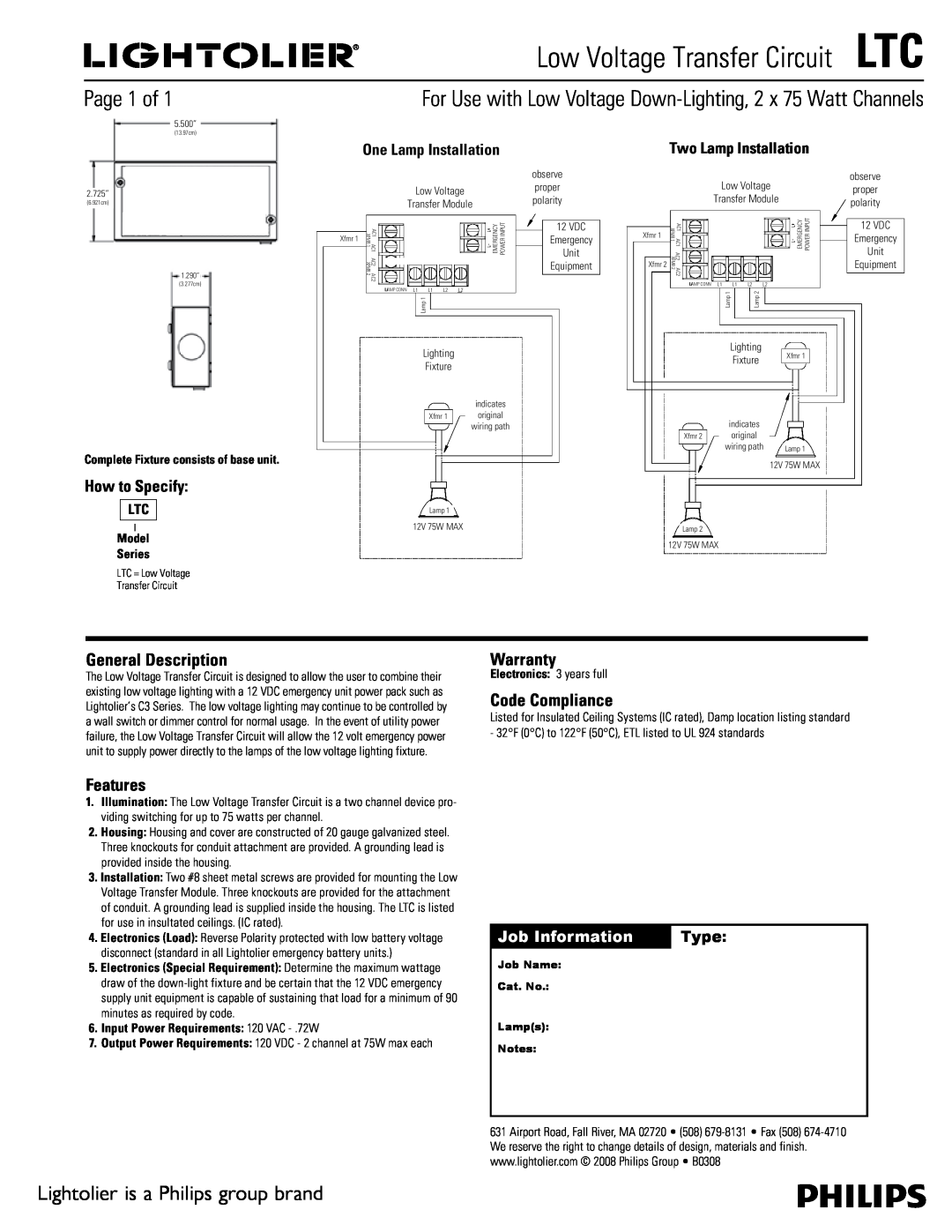 Lightolier warranty Low Voltage Transfer CircuitLTC, Page 1 of, Lightolier is a Philips group brand, Warranty, Features 