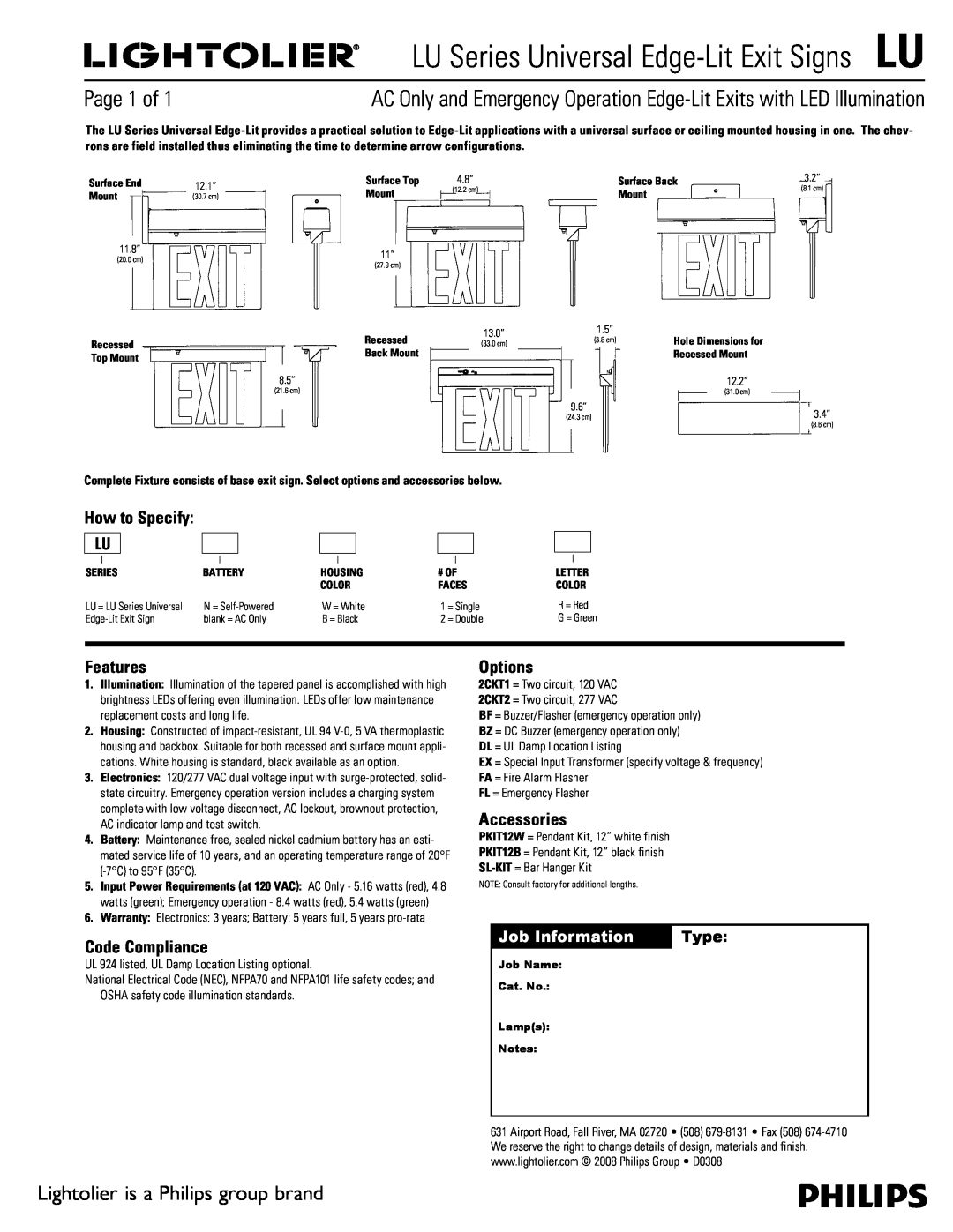 Lightolier warranty LU Series Universal Edge-LitExit SignsLU, Page 1 of, Lightolier is a Philips group brand, Features 