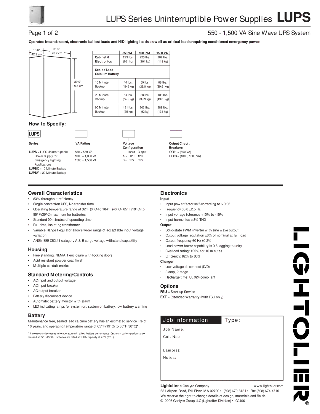 Lightolier LUPS Series warranty How to Specify, Overall Characteristics, Housing, Standard Metering/Controls, Battery 