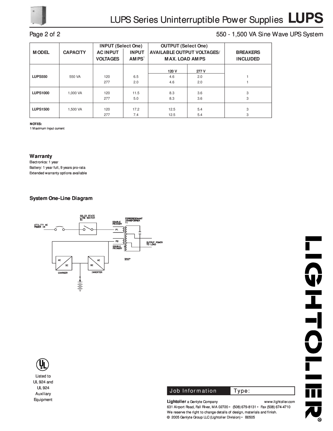 Lightolier LUPS Series Warranty, System One-Line Diagram, OUTPUT Select One, Max. Load Amps, LUPS550, LUPS1000, LUPS1500 