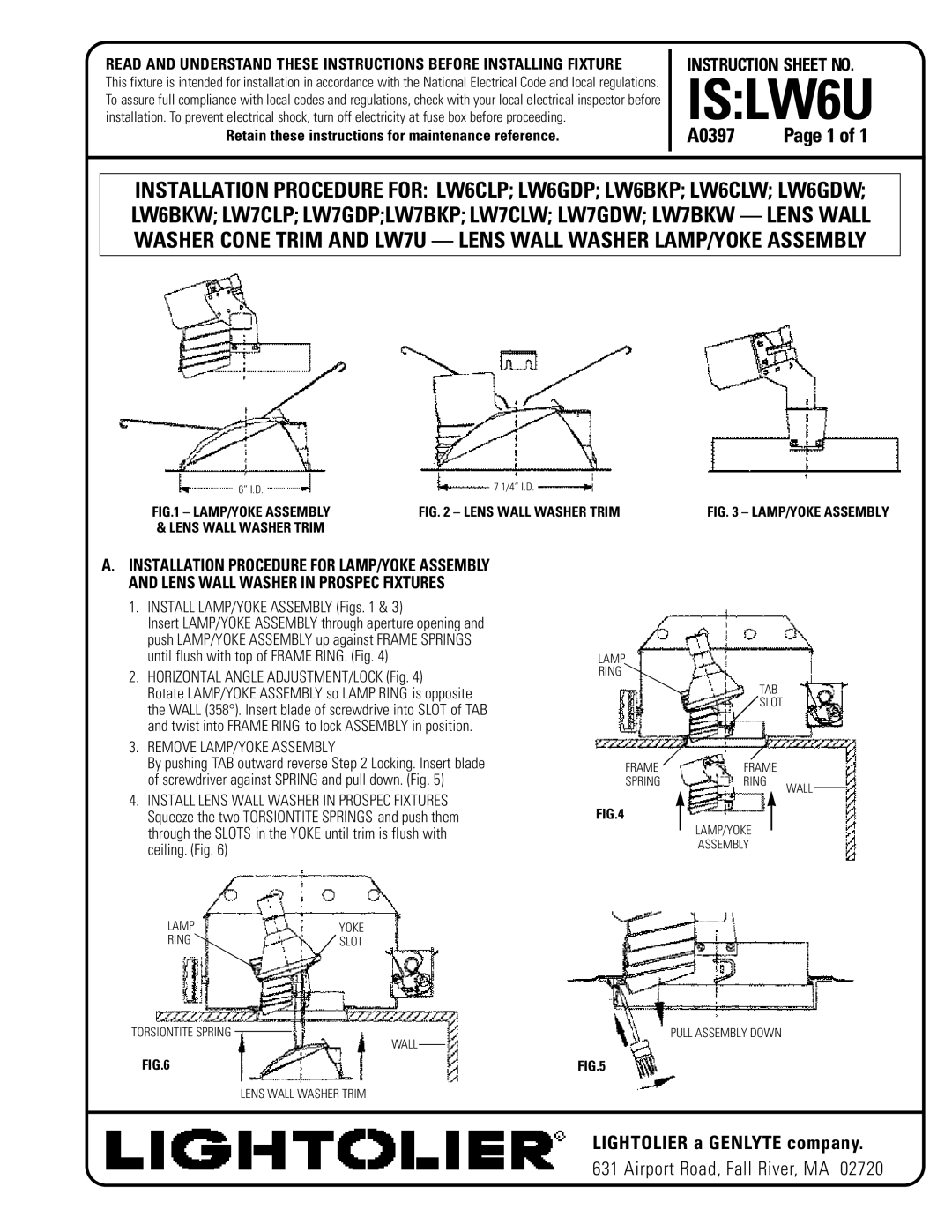 Lightolier instruction sheet ISLW6U, A0397, Install LAMP/YOKE Assembly Figs, Horizontal Angle ADJUSTMENT/LOCK Fig 