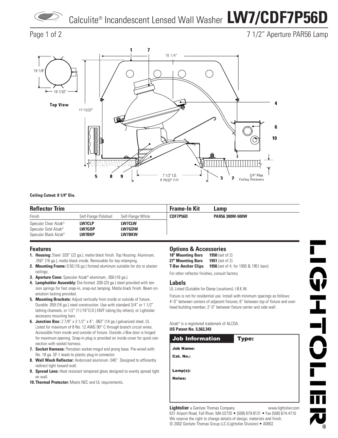 Lightolier LW7/CDF7P56D manual Reflector Trim Frame-In Kit Lamp, Features, Options & Accessories, Labels 