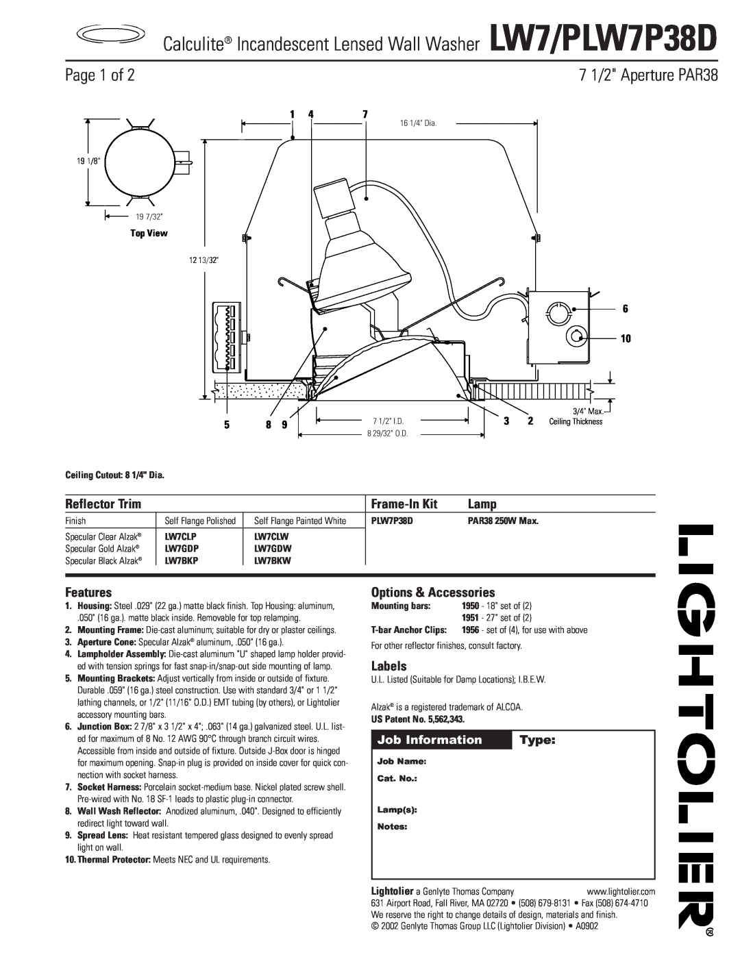 Lightolier LW7/PLW7P38D manual Page 1 of, 7 1/2 Aperture PAR38, Job Information, Type, Frame-InKit, Lamp, Features, Labels 