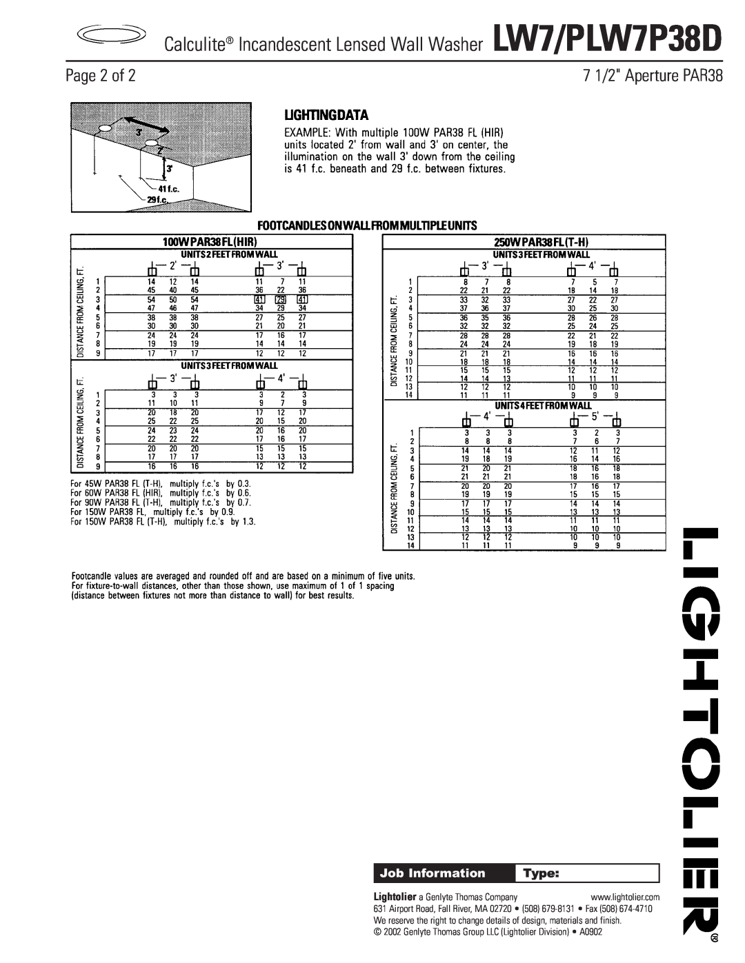 Lightolier LW7/PLW7P38D manual Page 2 of, 7 1/2 Aperture PAR38, Job Information, Type, Lightolier a Genlyte Thomas Company 