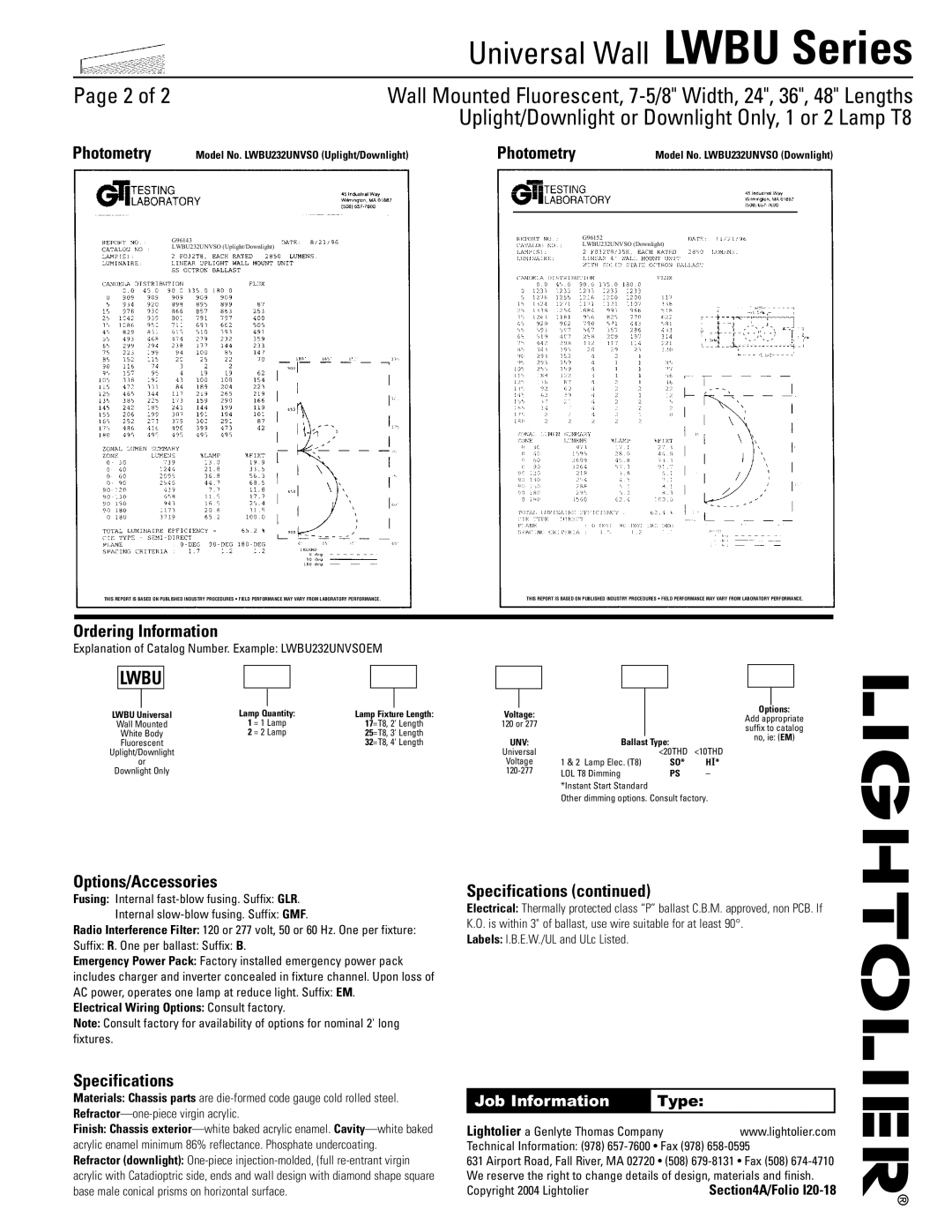 Lightolier LWBU Series dimensions Photometry, Ordering Information, Options/Accessories, Specifications, Job Information 