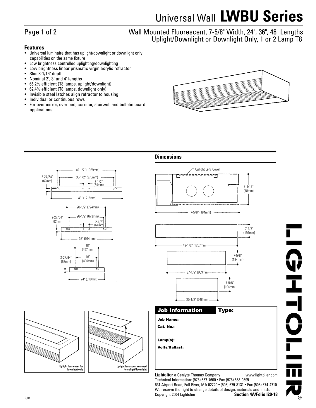 Lightolier dimensions Universal Wall LWBU Series, Page 1 of, Features, Dimensions, Job Information, Type 