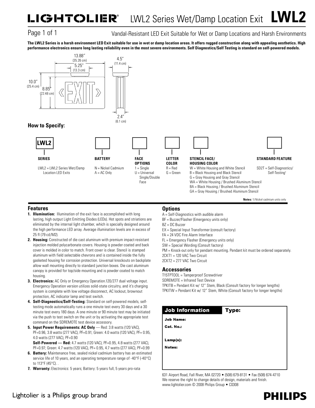 Lightolier warranty LWL2 Series Wet/Damp Location Exit LWL2 