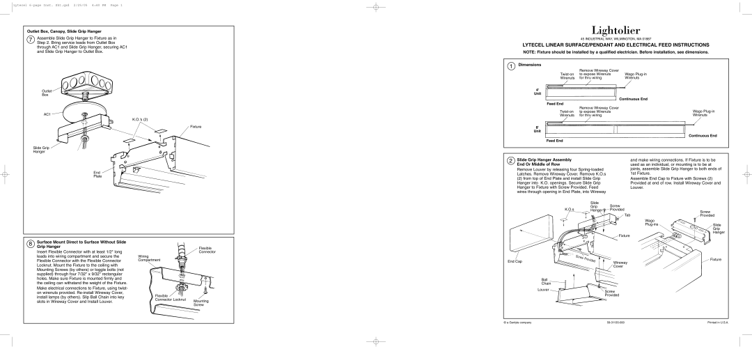 Lightolier Lytecel Linear Surface/Pendant And Electrical Feed dimensions Lightolier 